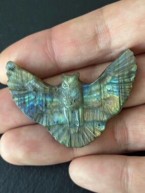 Carved Labradorite Owl - Iridescent Blue-Green